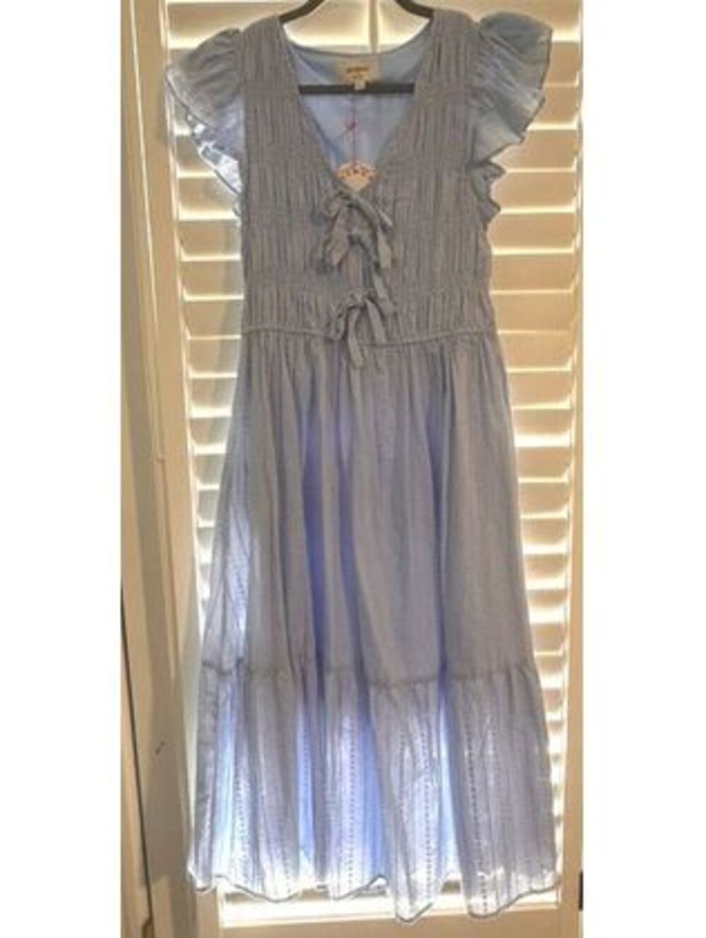 Umgee Light Blue Ruffle Sleeve Midi Dress with Front Tie Detail